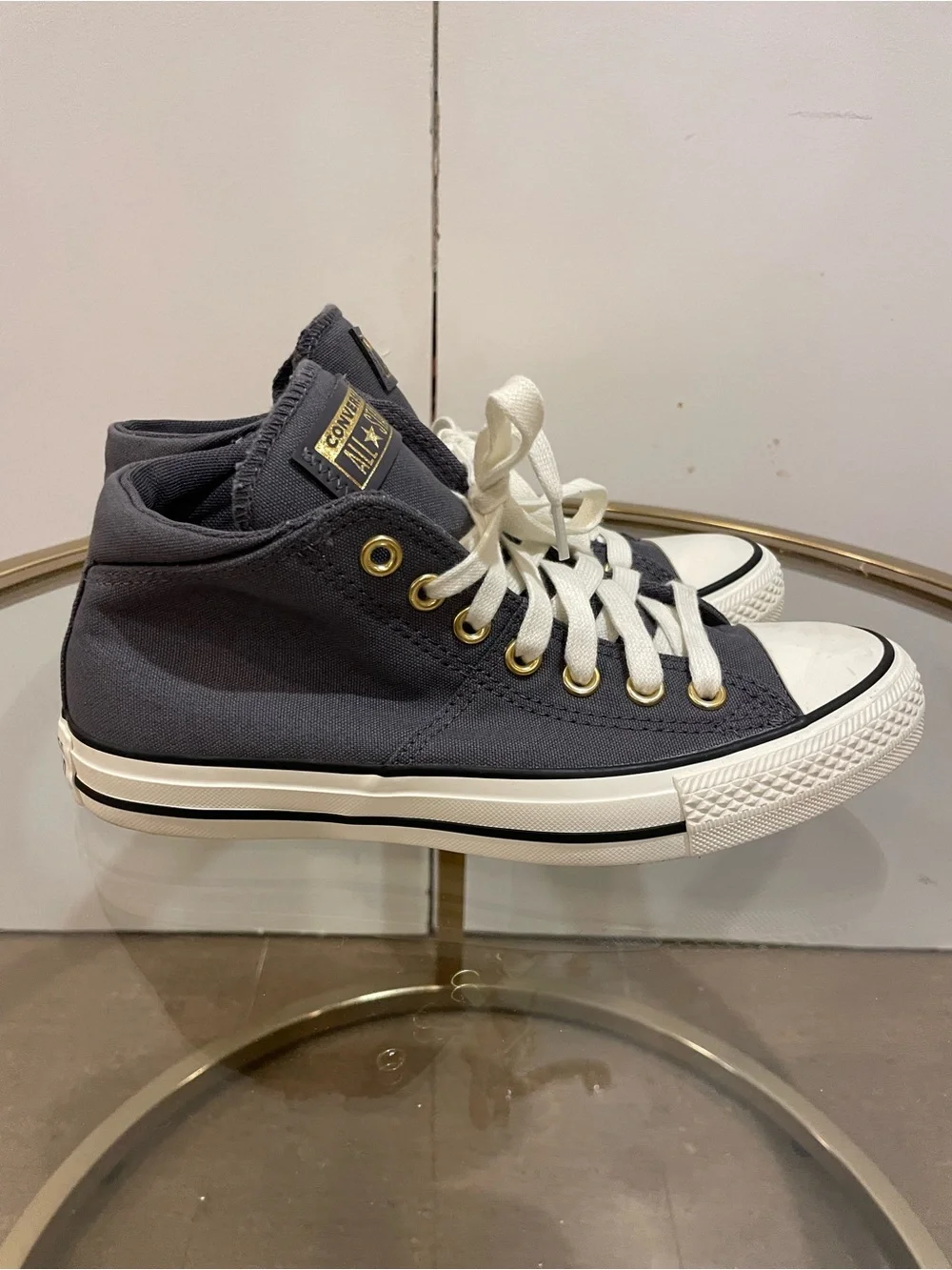 Converse All Star Canvas High Top Navy Sneakers with White Laces, Womens 7